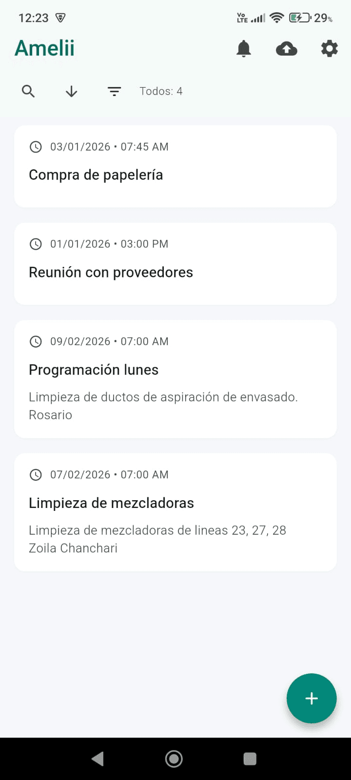 Captura de pantalla de la app Amelii mostrando lista de notas