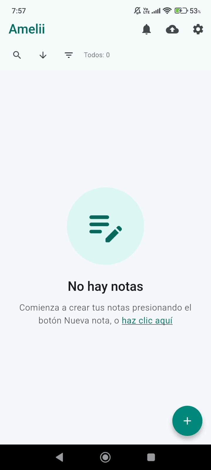 Captura de pantalla de la app Amelii mostrando lista de notas